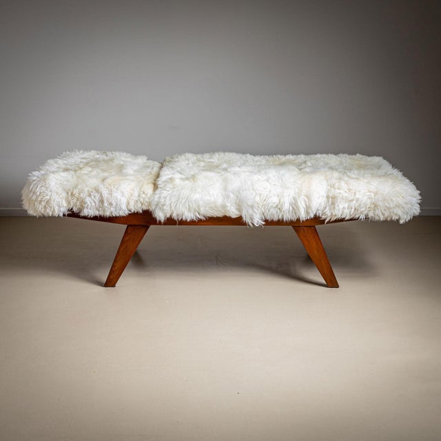 White Large Mid-Century Wooden Daybed with Adjustable Headrest and Sheepskin Upholster For Sale - Image 8 of 8