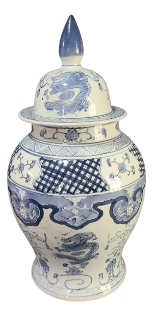 Vintage Chinoiserie Large 18'' High Asian Ginger Jar Blue & White Dragon Motif
