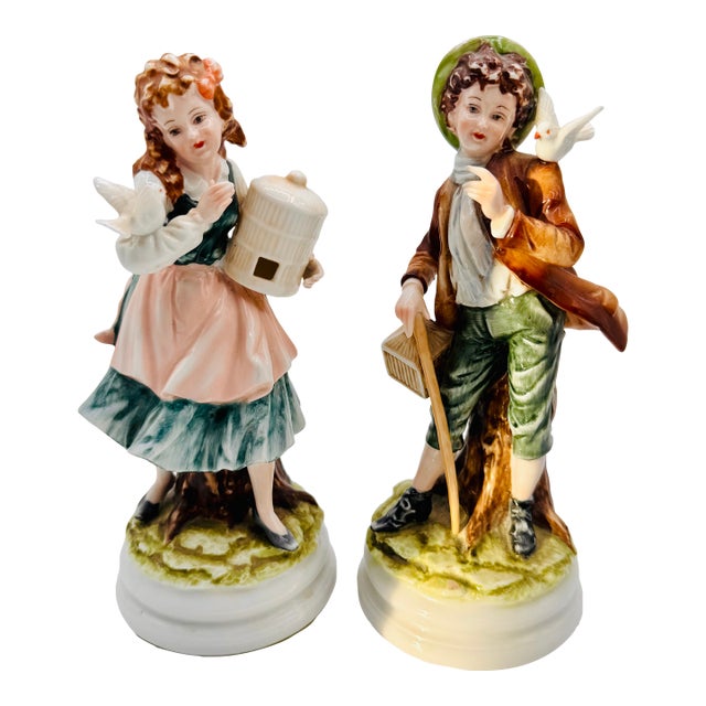Vintage Lefton Porcelain Figurines Boy and Girl With Doves and Holding Bird Cages #Kw4045 For Sale