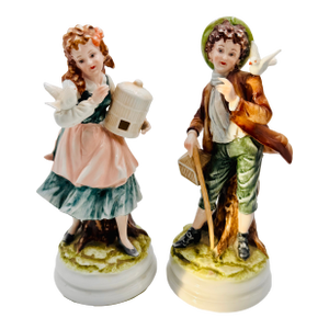 Vintage Lefton Porcelain Figurines Boy and Girl With Doves and Holding Bird Cages #Kw4045