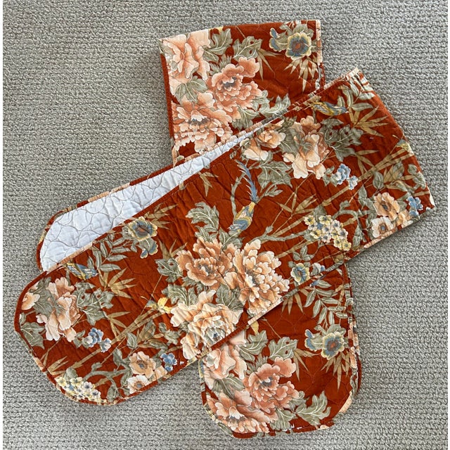 Pair of Vintage 1970s Quilted Chinoiserie Floral Table Runners For Sale - Image 4 of 9