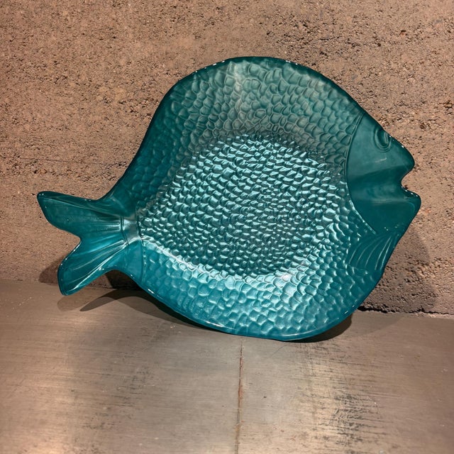 Vintage Turquoise Glass Fish Plate Mid Century Coastal Nautical Decor For Sale In San Diego - Image 6 of 7