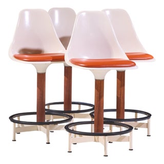 Eero Saarinen Style Burke Mid Century Walnut and Fiberglass Barstools - Set of 4 For Sale