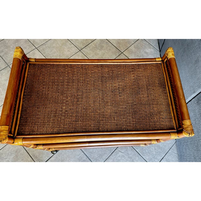 Brass Mid-Century Three-Tier Bamboo & Caning Bar Cart For Sale - Image 8 of 12