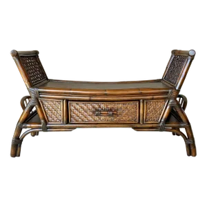 Circa 1970 Chinese Chippendale-Style Bamboo Window Bench With Center Drawer & Side Storage