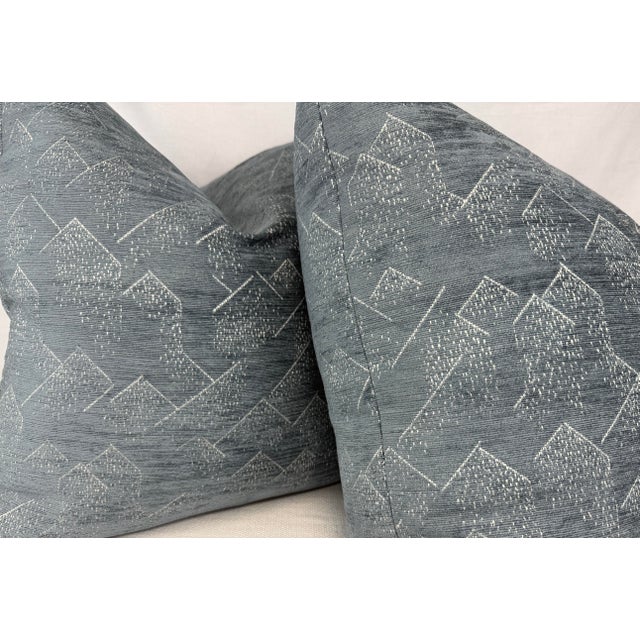 Custom pair of 22" pillows covered in Lee Jofa "Brink," a Kelly Wearstler design, in color delft/ivory. These pillows have...