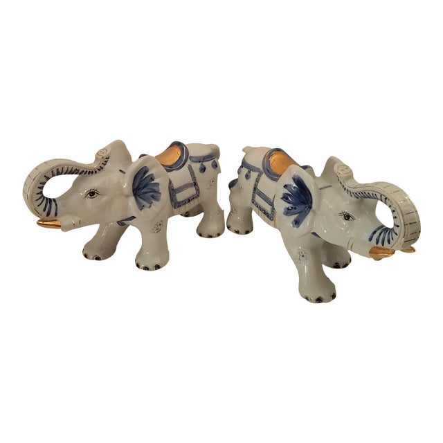 Vintage 1970s Chinoiserie Large Glazed Ceramic Hand Painted Blue & White Elephants Figurines - a Pair For Sale