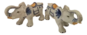 Vintage 1970s Chinoiserie Large Glazed Ceramic Hand Painted Blue & White Elephants Figurines - a Pair