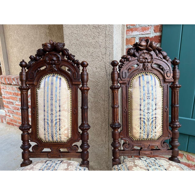 French Country Pair Antique French Dining Chairs Renaissance Carved Oak Black Forest C1880 For Sale - Image 3 of 18