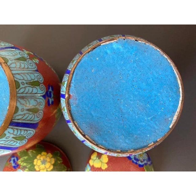 Cloisonne Burgundy Floral Enamel and Brass Ginger Jars, a Pair, Medium For Sale - Image 11 of 18