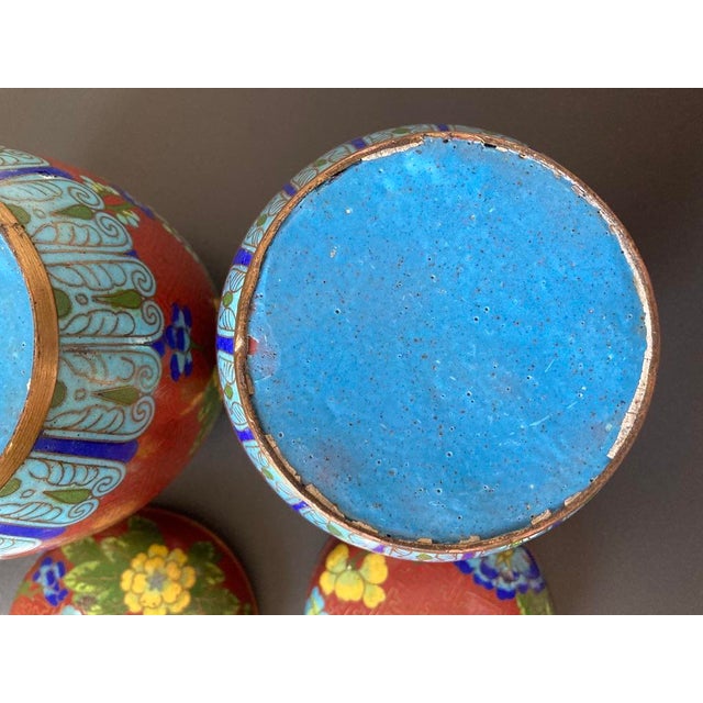 Cloisonne Burgundy Floral Enamel and Brass Ginger Jars, a Pair, Medium Size For Sale - Image 11 of 18