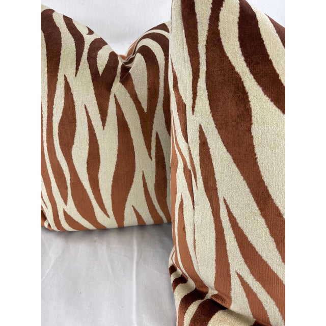 Zebra Velvet in Copper/Beige 22" Pillows-A Pair For Sale - Image 4 of 5