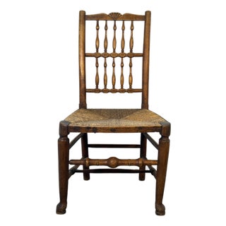 Antique English Ash Lancashire Spindle Back Chair With Rush Seat For Sale