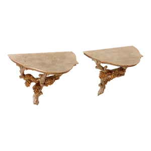 Italian Venetian Carved Wood Faux Bois Wall Shelves - A Pair