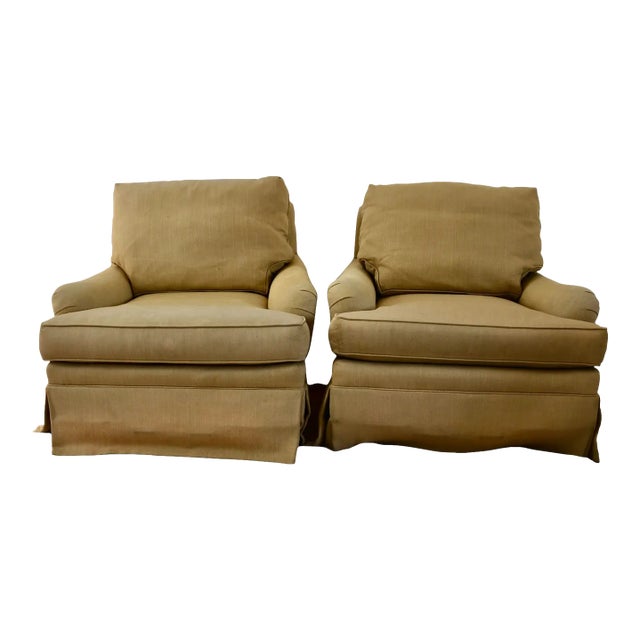 Late 20th Century Vintage Hickory Chair Furniture Reupholstered English Arm Swivel Club Chairs - A Pair For Sale