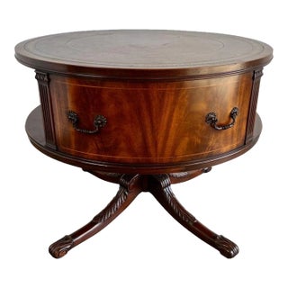 Regency Drum Table With Leather Top, Flame Mahogany, England, 1930s For Sale