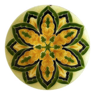 Mid 20th Century Italian Green & Gold Mandala Enameled Copper Round Vide Poche Tray For Sale