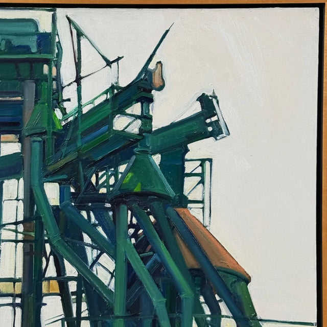 Vintage Industrial Landscape With Green Refinery Detail, Signed (1999, Oil on Canvas) For Sale - Image 4 of 8