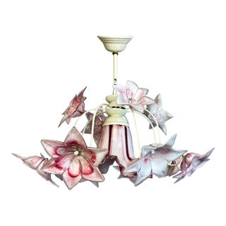 1980s Murano Style Pink Glass Floral Chandelier With White Frame For Sale