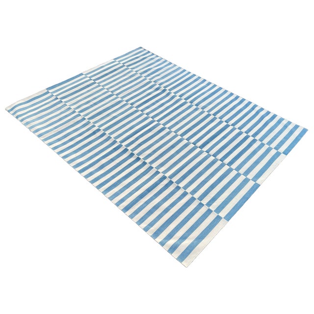 Mid-Century Modern Handmade Cotton Rug, Sky Blue and White Natural Vegetable Dyed Up Down Striped Dhurrie- 12'x15' For Sale - Image 3 of 11