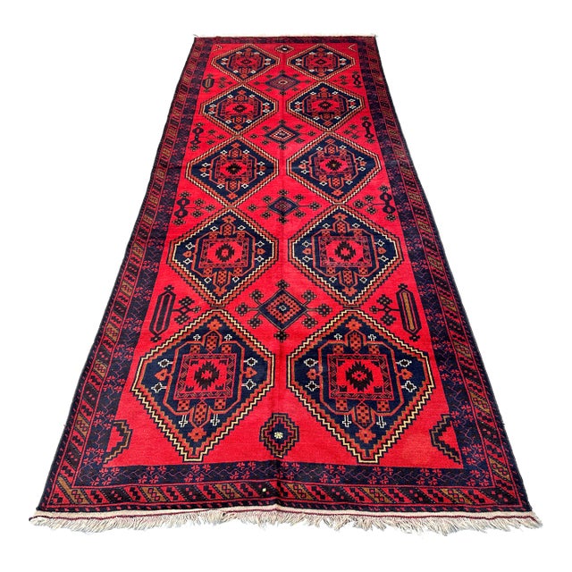 Turkmen Tribal Red Afghan Hand-Knotted Wool Runner - 5'1" X 13' For Sale