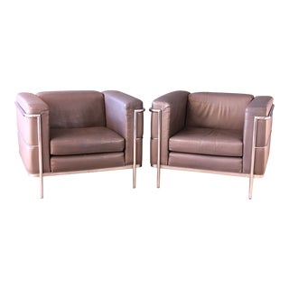 Vintage Jack Cartwright Grey Leather Le Corbuiser Lc2 Style Mid Century Modern Club Chairs - a Pair For Sale
