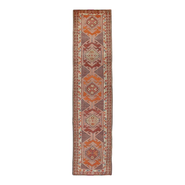 1960s Red & Orange Geometric Design Handwoven Wool Vintage Turkish Oushak Runner 2'11" X 12'7" For Sale