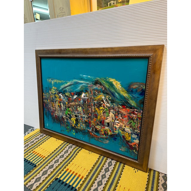 Nguyen Lam Abstract Expressionist Harbor Scene Original Oil Painting, Signed For Sale - Image 4 of 12