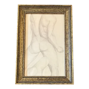 1940’s Original Male Nude Charcoal Study Drawing Vintage Frame