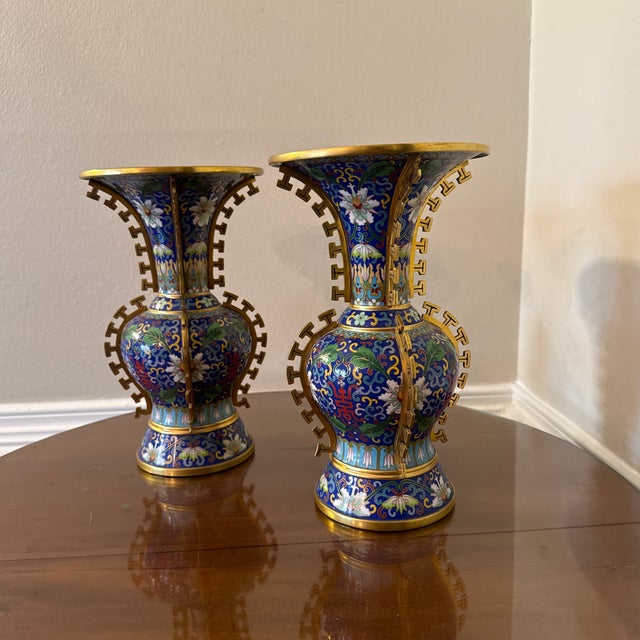 Asian Early 20th Century Blue Cloisonne Vases - A Pair For Sale - Image 3 of 10