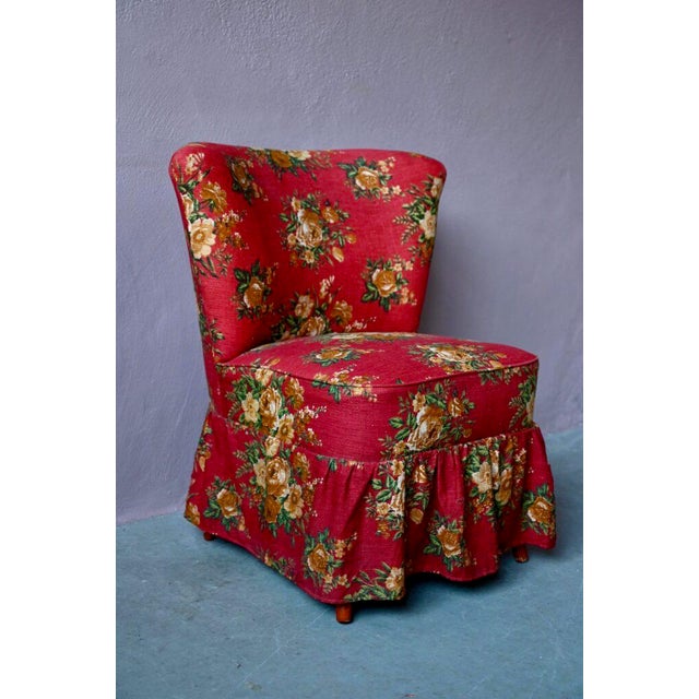 Textile Cocktail Armchair with Red Floral Fabric and Compass Legs For Sale - Image 7 of 14