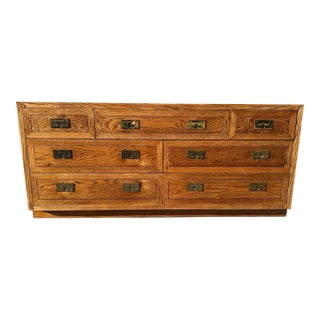 Professionally Refinished Vintage Henredon Campaign Dresser Credenza in Navy With Brass Hardware For Sale