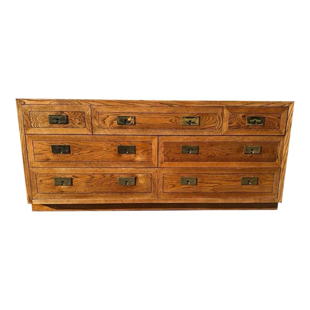Vintage Henredon Campaign-Style 7-Drawer Dresser Credenza With Brass Hardware For Sale