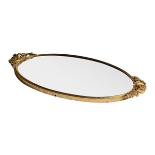 Vintage French Oval Mirrored Vanity Tray With Gold Roses, Circa 1950s For Sale