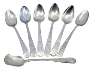 Silver Coffee Spoons and Sugar Shovel with Handle Reliefs, Set of 6