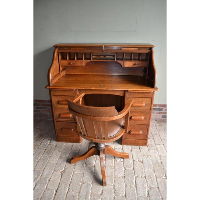 Antique Oak Roll-Up Desk and Office Chair, Set of 2 For Sale - Image 5 of 17