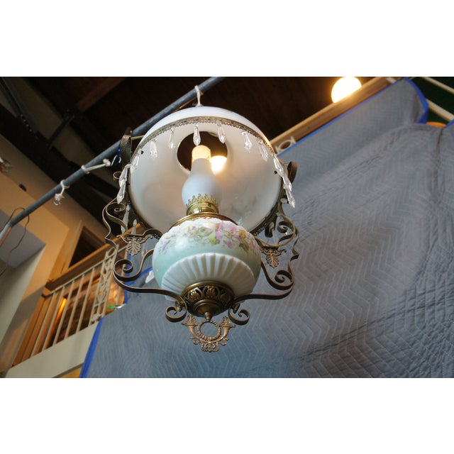 Antique Victorian Converted Hurricane Parlor Oil Lamp Pendant Light Chandelier For Sale - Image 6 of 18