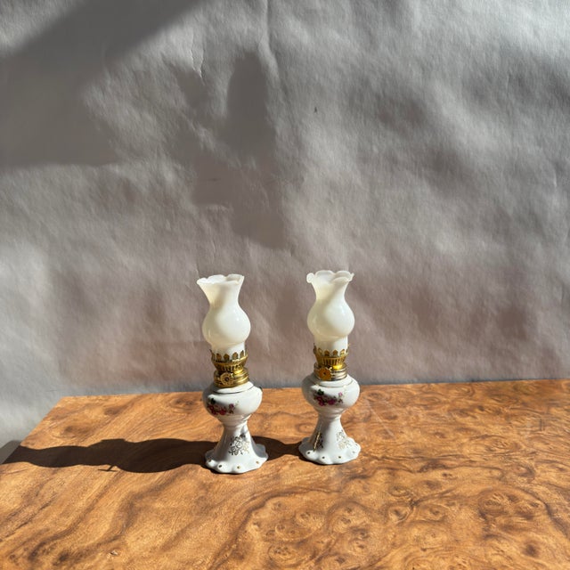 20th Century Victorian-Style Miniature Milk Glass Oil Lamps- A Pair For Sale - Image 4 of 11