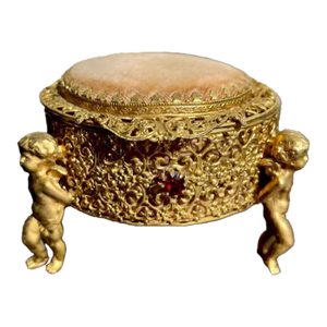 Three Footed Cherub Round StyleBuilt Style Vintage Design Jewelry Casket/ Box With Pink Plush on the Top and Inside & Burgundy Red Stones Decoration
