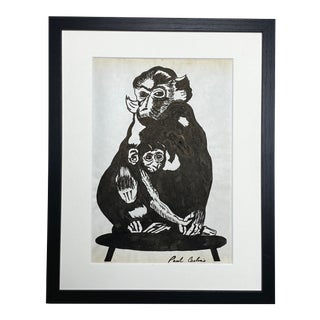 1962 "Monkey and Infant" Pen Drawing by Paul Carlino, Framed For Sale