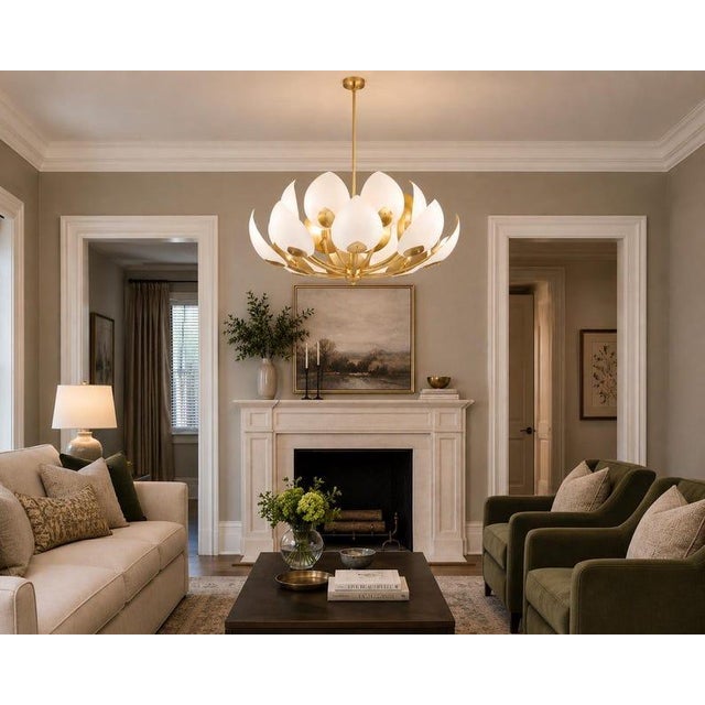 Mid-Century Modern Luxury Lotus Petal Brass Chandelier | Modern White Floral Ceiling Light | Mid Century Statement Pendant | Elegant Dining Room Fixture For Sale - Image 3 of 8