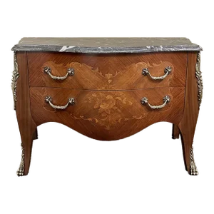 19th Century French Louis XV Marble Top Marquetry Commode