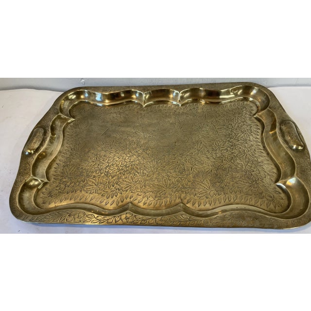 Mid-Century Modern Vintage Brass Scalloped Edge Etched Tray For Sale - Image 3 of 12