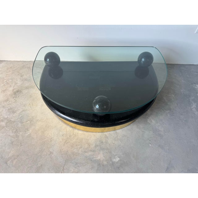 1980’s Postmodern Tessellated Stone and Brass Half-Moon Coffee Table With Glass Top/ Sold For Sale - Image 4 of 12