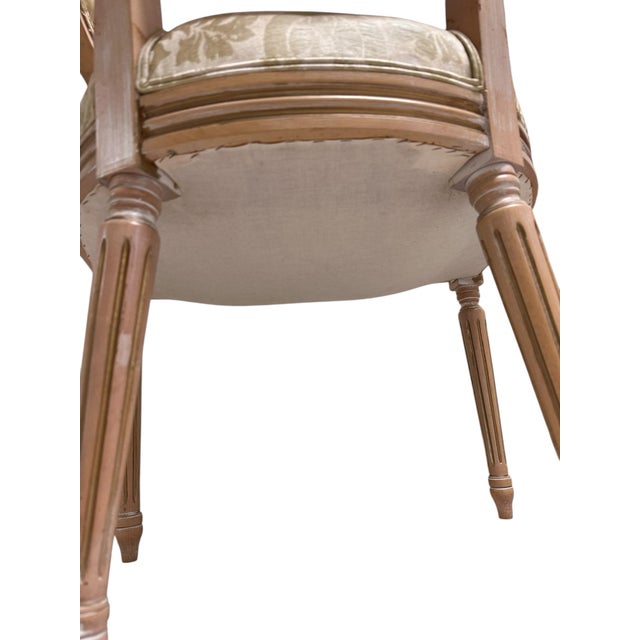 Tan Pair of Louis XVI French Chairs With Partial Gilt Details and Custom Upholstery Gold Distressed Embossed Stamp Fabric For Sale - Image 8 of 10