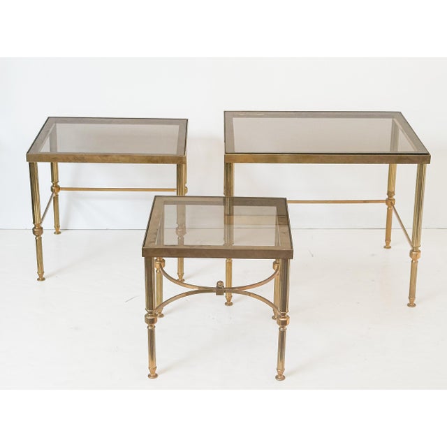 French Nesting Tables of Brass With Smoked Glass For Sale - Image 10 of 18