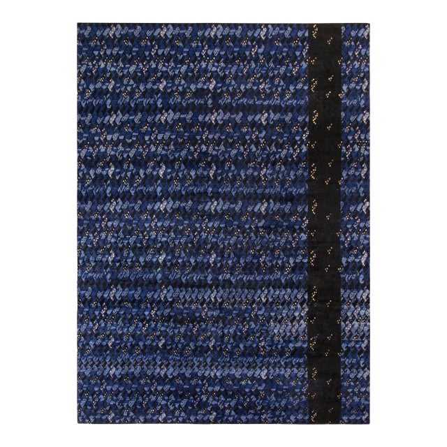 Rug & Kilim’s Scandinavian Style Rug in All Over Blue, Black Geometric Pattern For Sale