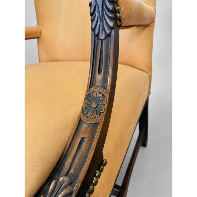 Wood Pair of Georgian Carved Mahogany Library Armchairs in Peach Leather For Sale - Image 7 of 9