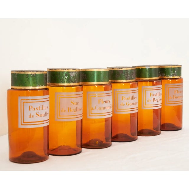 French Amber Glass Apothecary Storage Jars - Set of 6 For Sale - Image 12 of 13