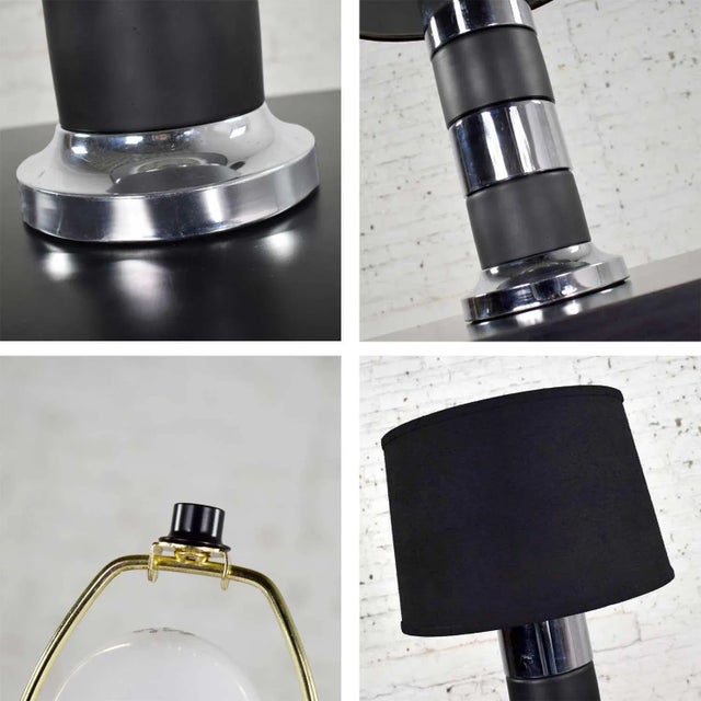 Mid 20th Century Art Deco Style Chrome and Black Horizontal Stripe Cylindrical Table Lamp Black Shade For Sale - Image 12 of 13